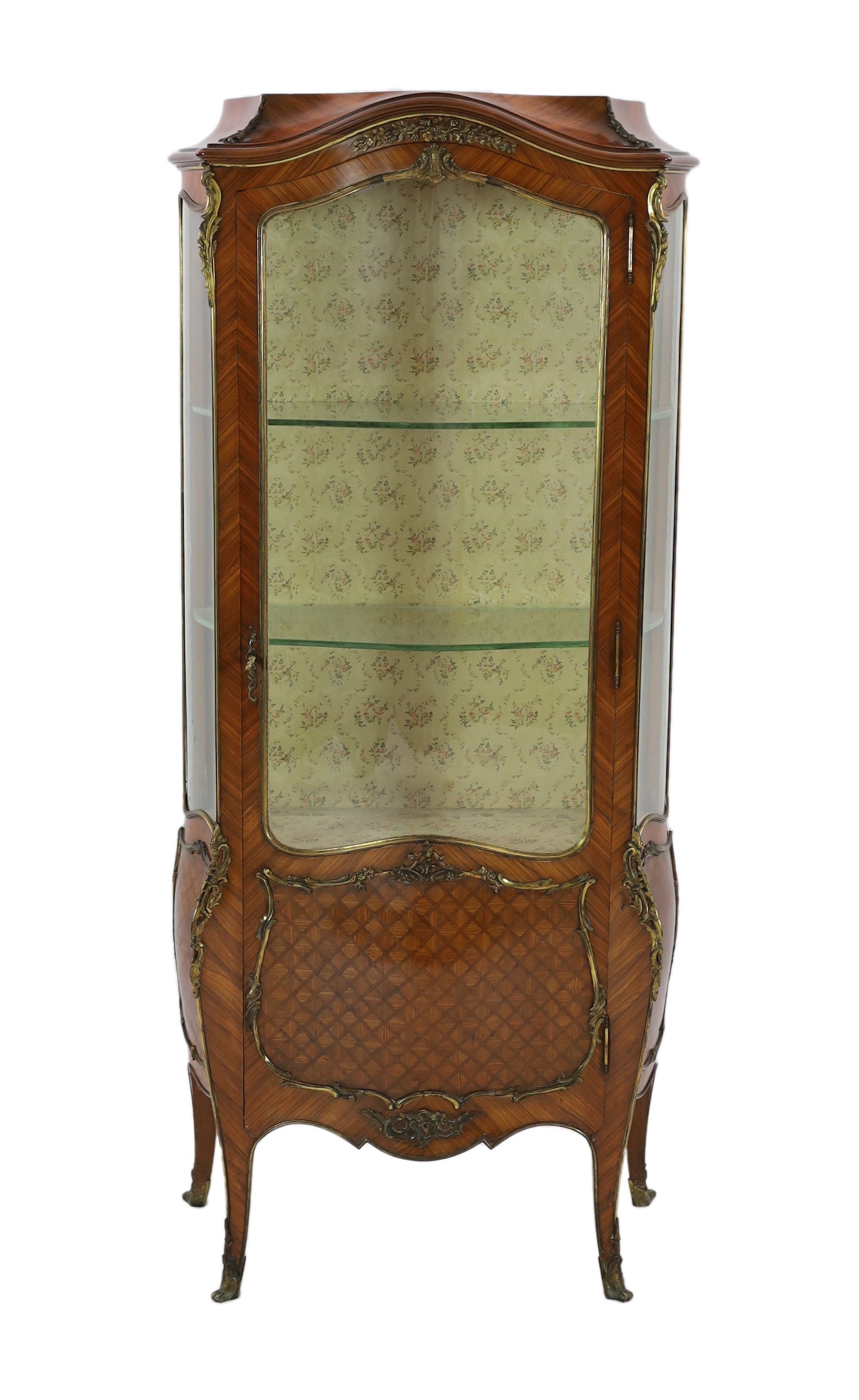 An early 20th century French ormolu mounted kingwood and parquetry vitrine, width 70cm, depth 40cm, height 169cm